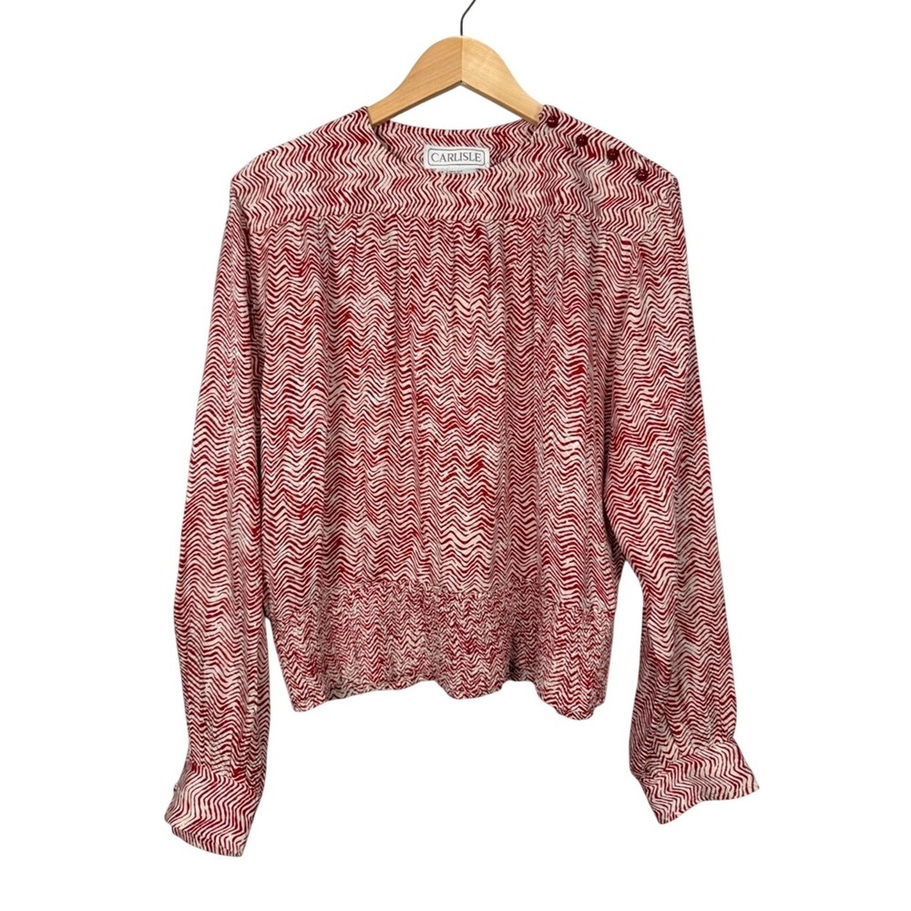 CARLISLE Red Cream Zig Zag Print Silk Long Sleeve Blouse Top Size 12